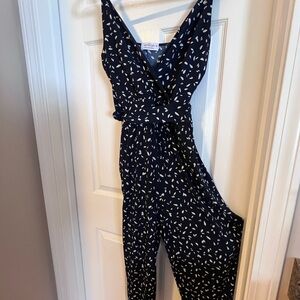 Kaileigh Dark Blue Leaf Print Jumpsuit